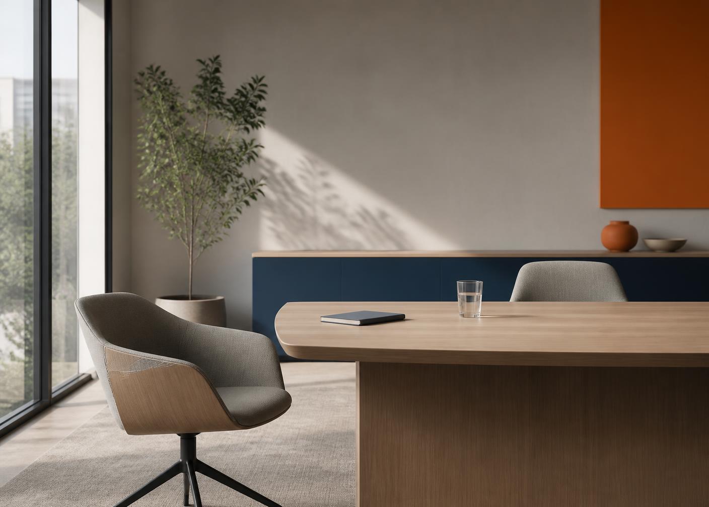 A calm, sunlit meeting room with a light wood table and one chair turned open toward the viewer.