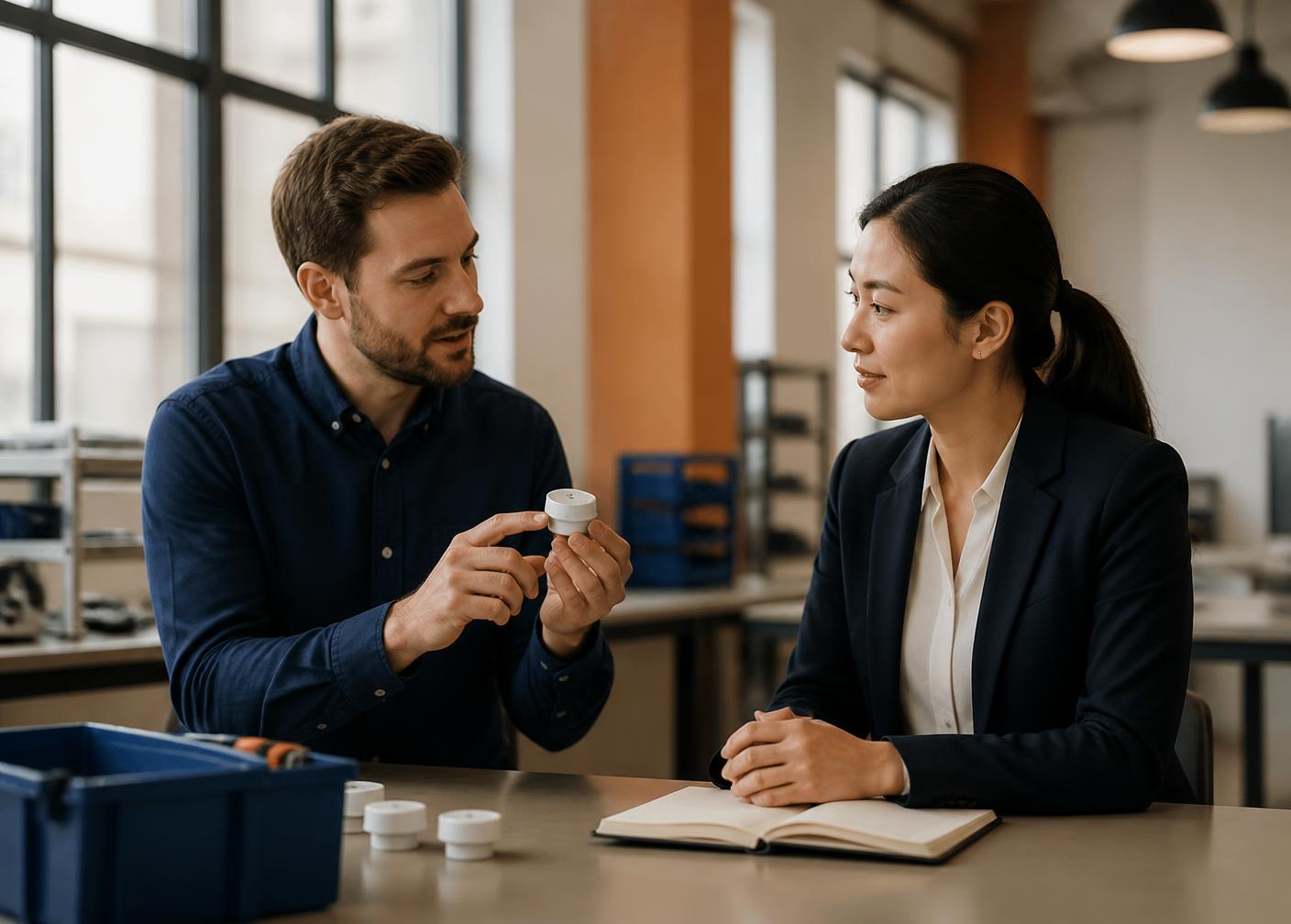 An engineer holding a small unlabeled sensing device while explaining it to a colleague taking notes.