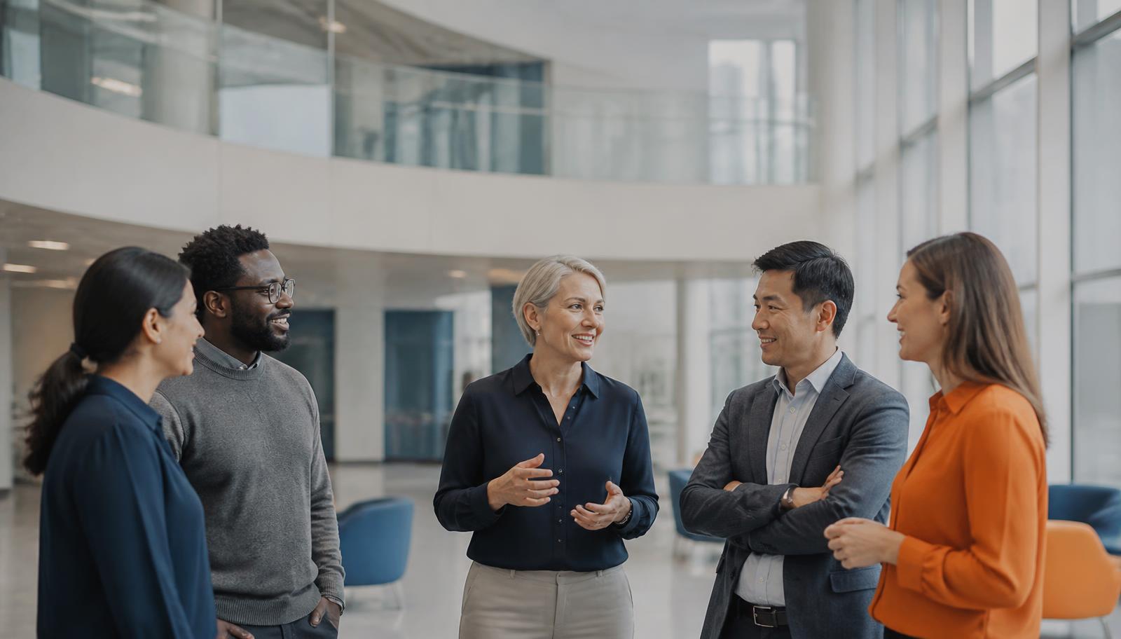A group of five researchers, founders, and organizational leaders talking together in a bright modern atrium.
